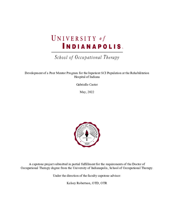 Development of a Peer Mentor Program for the Inpatient SCI Population at the Rehabilitation Hospital of Indiana Thumbnail